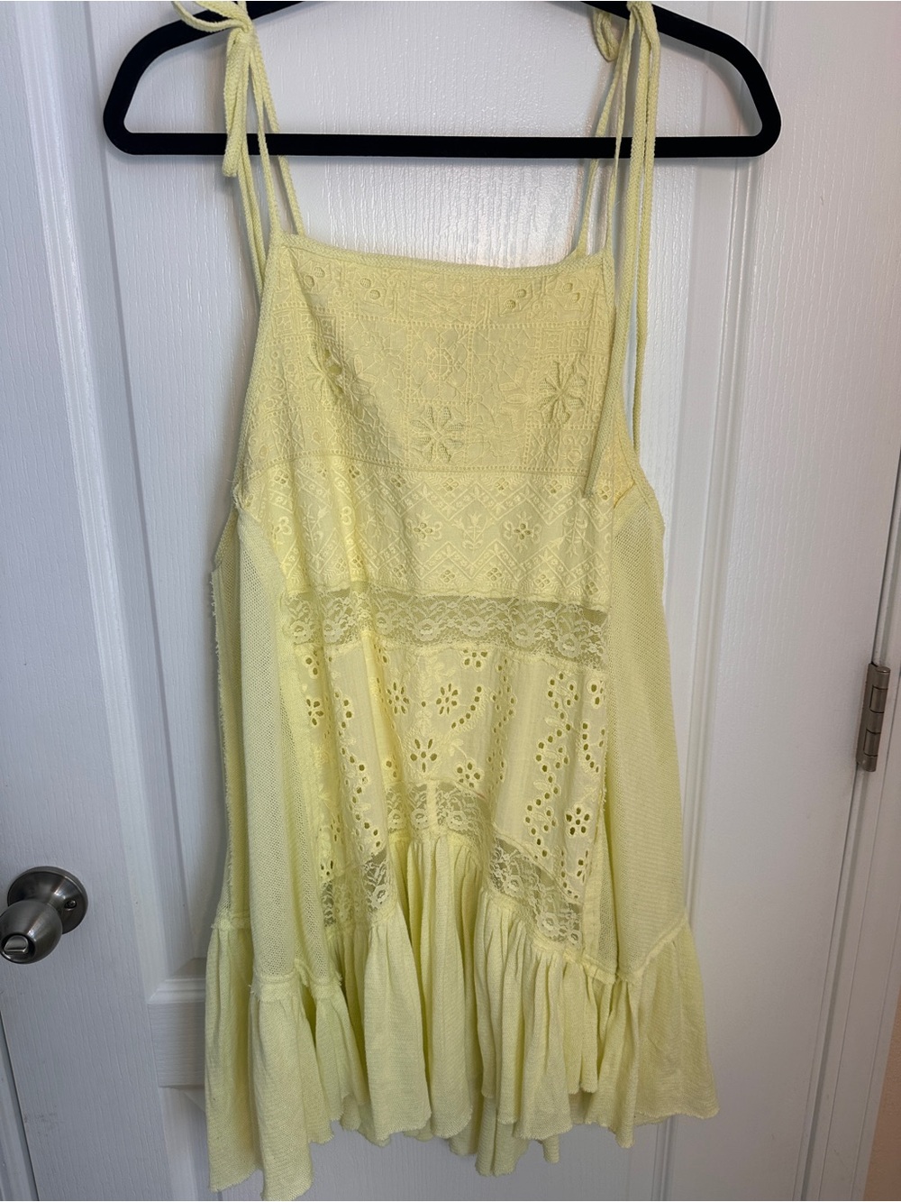Free People Yellow Lace Eyelet Patchwork Boho Mini Dress M
